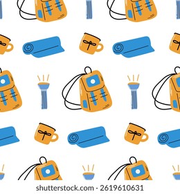 Hiking seamless pattern. Campfire set. Campfire seamless pattern.