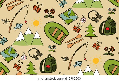Hiking seamless pattern in cartoon funny style. Vector hand drawn illustration.