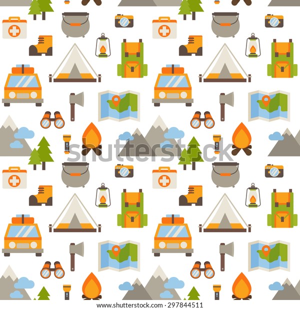 Hiking seamless
pattern with flat camping elements - car, tent, campfire,
mountains, trees, camera, backpack,
map