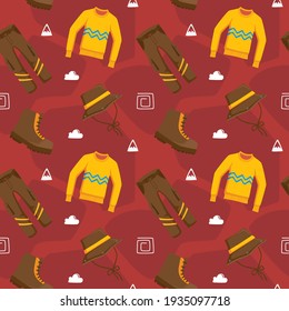 Hiking Seamless Pattern with Hiking Pants, Sweatshirt, Hat, and Boots. You can use this design to create poster, tshirt, pillow, tote bag, pouch, phone case, etc.