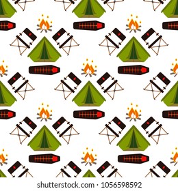 Hiking set. Camping equipment pattern vector summer collection. Binoculars, bowl, barbecue, boat, lantern, shoes, hat, tent campfire trailer Family camping set Hike outdoor elements