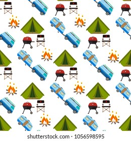 Hiking set. Camping equipment pattern vector summer collection. Binoculars, bowl, barbecue, boat, lantern, shoes, hat, tent campfire trailer Family camping set Hike outdoor elements