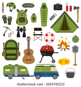 Hiking set. Camping equipment vector summer collection. Binoculars, bowl, barbecue, boat, lantern, shoes, hat, tent campfire trailer Family camping set Hike outdoor elements
