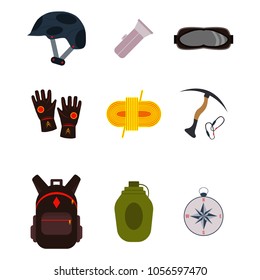 Hiking set. Camping equipment vector summer collection. Binoculars, bowl, barbecue, boat, lantern, shoes, hat, tent campfire trailer Family camping set Hike outdoor elements
