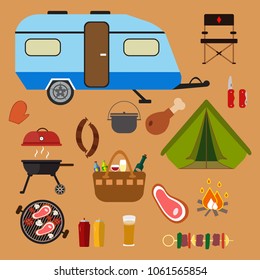 Hiking set. Camping equipment vector summer collection. Binoculars, bowl, barbecue, boat, lantern, shoes, hat, tent campfire trailer Family camping set Hike outdoor elements