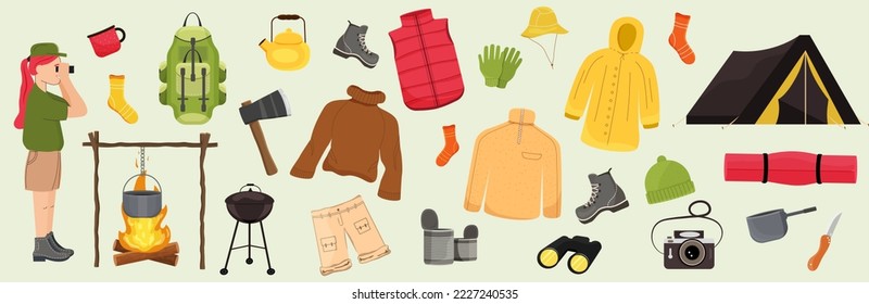 Hiking set. The girl looks through binoculars. Tent, barbecue, sweaters, shorts, pots, cup, kettle, axe, socks, cans, boots, fire, camera, mattress, rug, backpack, gloves.  Vector stock illustration.