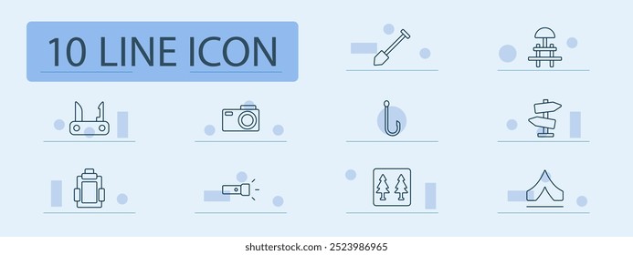 Hiking set icon. Shovel, picnic table, knife, camera, flashlight, fish hook, signpost, pine trees, tent, outdoor gear, camping, fishing, navigation, adventure, hiking essentials.