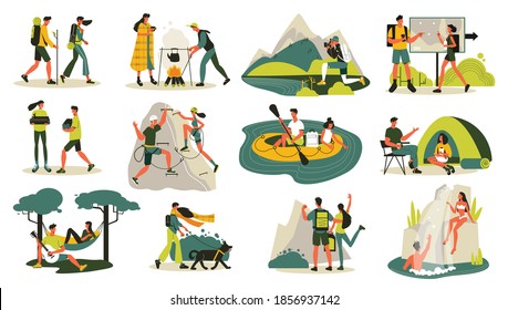 Hiking set with isolated icons doodle characters of travelers couple and landscape elements with traveling equipment vector illustration