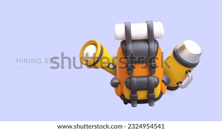 Hiking set. Large packed travel backpack. 3D thermos, flashlight, sleeping mat. Personal belongings of tourist. Vector banner on purple background with text