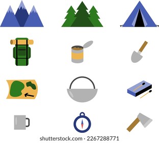 Hiking set, vector. Mountains and forest, tent and backpack, mug and bowler hat, canned food, shovel and axe, map and compass, matches.