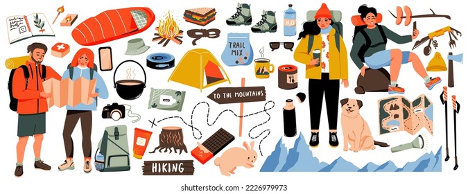 Hiking set. Women and man with backpacks, dog. Items for camping- tent, thermos, first aid kit, bowler, sleeping bag, trekking poles. Travel equipment  for adventure to the mountains. Vector