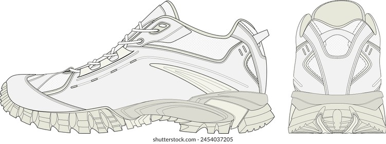 Plantilla de diseño de ilustración técnica lateral y trasera de zapato de senderismo para embalaje técnico o CAD