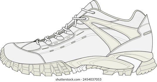 Hiking shoe side view technical illustration design template for tech packing or CAD