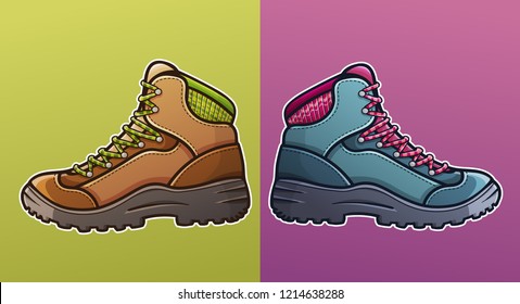 Hiking shoes of different colors for men and women. Boots with white outline and flat design style. Vector illustration isolated on green and pink background.