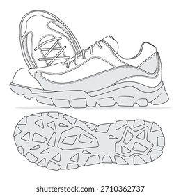 Hiking shoes flat sketch vector mockup template technical illustration.
