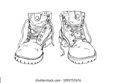 Hiking shoes / Hand-drawn watercolor and ink illustration, isolated on white background