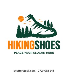 Diseño de logotipo de zapatos de senderismo. Ilustración vectorial de una huella de bota que forma un paisaje montañoso, ideal para la aventura al aire libre y marcas de calzado.	
