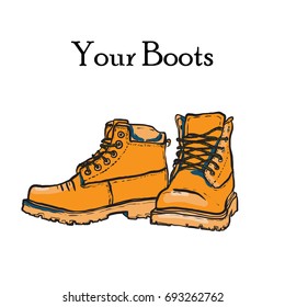 Hiking shoes pair isolated. Hand drawn vector illustration of hipsters boots. Work army winter boots hand drawn for logo, poster, postcard, fashion booklet, flyer. Vector sketch boots. Red mans shoes.