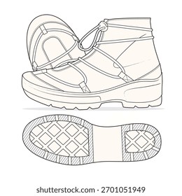 Hiking shoes technical flat drawing vector mockup template.