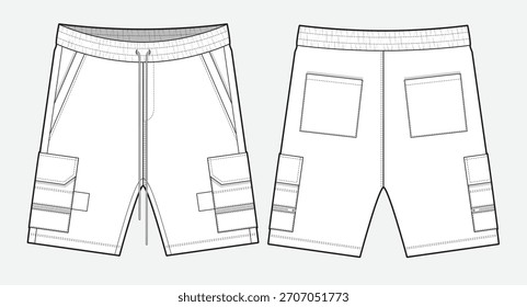 Pantalones cortos de senderismo plano boceto Vector maqueta Plantilla ilustración técnica.
