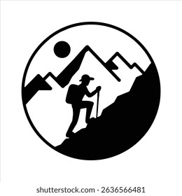 Hiking Silhouette with Mountains and Sun in Circle Badge Style