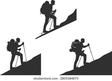 Hiking Silhouette Set Showing Backpack Traveler Using Trekking Poles on Mountain Slope, Vector Style Icon Poses