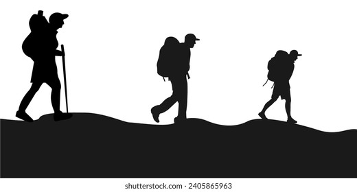 Hiking silhouette vector. Adventure silhouette vector. Mountain hiking silhouette. People with backpack vector silhouettes. Hiking group