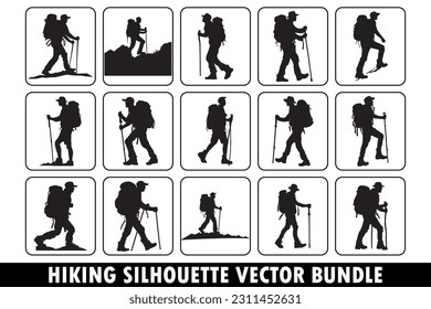 Wandersilhouette-Vektorbündel, Adventure-Silhouette-Vektorbündel, Outdoor-Aktivität, Naturerschließungspaket, Bergwandersilhouette