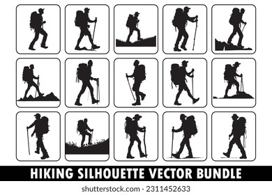 Conjunto vector de silueta de senderismo, paquete vectorial de silueta de aventura, paquete vectorial de actividad al aire libre, paquete vectorial de exploración de la naturaleza, silueta de senderismo de montaña