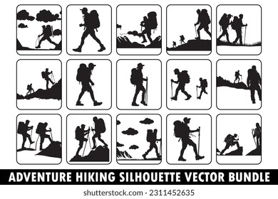 Hiking silhouette vector bundle, Adventure silhouette vector bundle, Outdoor activity vector bundle, Nature exploration vector pack, Mountain hiking silhouette