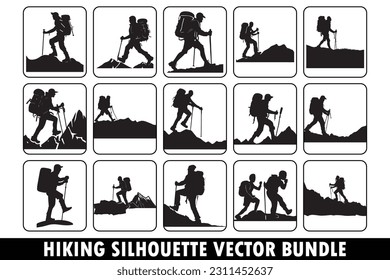 Hiking silhouette vector bundle, Adventure silhouette vector bundle, Outdoor activity vector bundle, Nature exploration vector pack, Mountain hiking silhouette