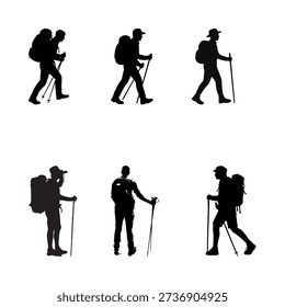 Hiking Silhouette Vector Set, Backpacker Trekking Icons, Outdoor Adventure Travel Illustration