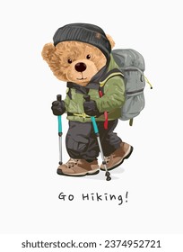 slogan de excursión con muñeca de oso en la ilustración vectorial del conjunto de trekking