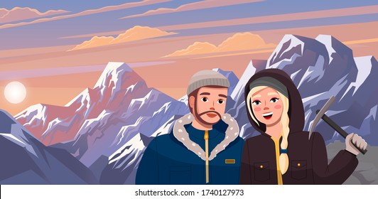 Hiking sport, climbing couple illustration. Man and women hiker in the cold season in warm clothes in the snowy mountains. Woman holding pickaxe. Family expedition and exploration active lifestyle
