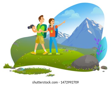 Hiking sport, hikers couple with backpacks and photo camera vector. Backpacking or camping, mountains wild nature, active pastime and outdoor activity. Mountain tourism. Flat cartoon