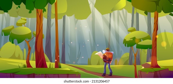 Hiking sport, orienteering, travel journey, adventure concept. Traveler with backpack in deep forest, tourist stand at beautiful wood landscape look in map check the route Cartoon vector illustration