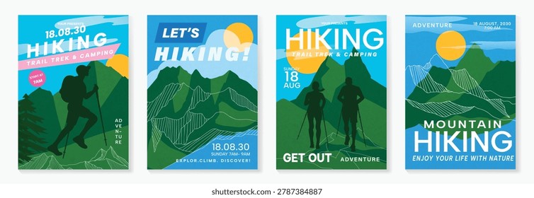 Hiking sport poster vector set. Outdoor adventure flyers with mountain trekking, rock climbing, silhouette hikers and topographic map backgrounds.