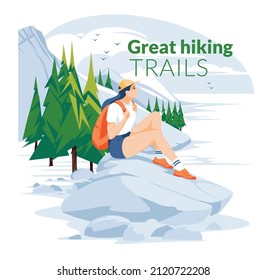 Wandersportposter. Berglandschaft. Atemberaubende Sicht. Das Mädchen sitzt auf einem Felsen nahe dem Fluss und sieht die Berge an. flache Vektorgrafik