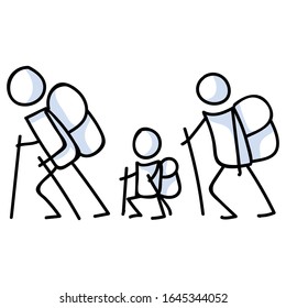 Hiking stick figure line art icon. Carrying backpack, track pole and kids . Outdoor leisure walking, climbing and family trekking lifestyle . Wilderness adventure and nature travel bonding concept.