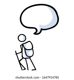 Hiking stick figure line art icon with speech bubble. Carrying backpack, track pole . Outdoor leisure walking, climbing trekking lifestyle . Wilderness adventure and nature travel concept.
