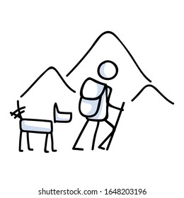 Hiking stick figure mountain with dog line art icon. Carrying backpack, track pole . Outdoor leisure walking, climbing and trekking lifestyle. Wilderness adventure and nature travel bonding.