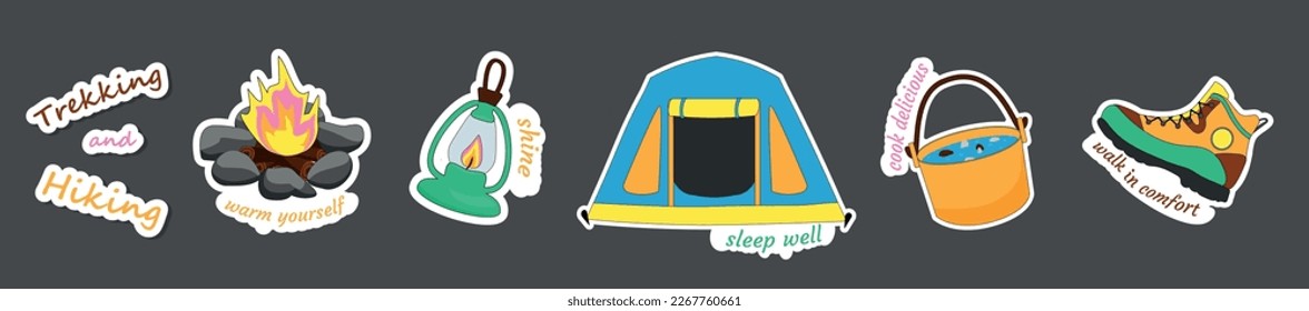Hiking Stickers. Collection vector Illustration. Travel stickers. Vacation items. Rest. Tourism. Joke and fun phrases, saying, quote.