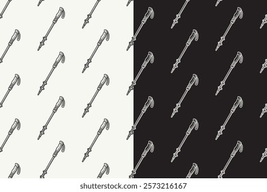 hiking sticks doodle seamless pattern on black white background set. hatching outdoor trekking poles background. walking poles engraving wallpaper. pattern background with trekking poles for adventure