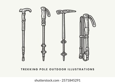 hiking sticks, trekking poles, nordic walking pole, hiking poles hatching engraving illustration vector element designs collection set for adventure, camping, explorer, mountaineering