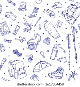 Hiking stuff set. Simple travel items. Doodle seamless pattern, line art on white background