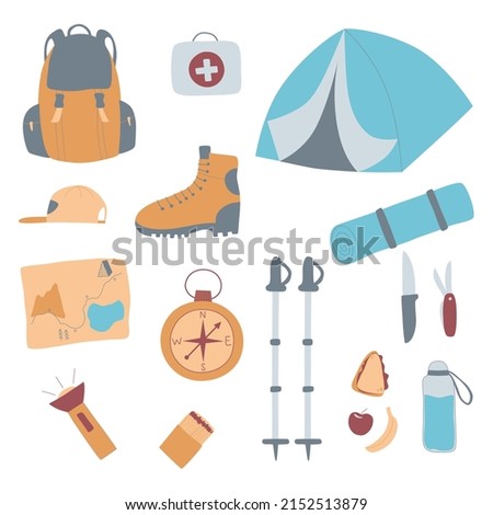 Hiking stuff set vector illustration. Camping and trekking equipment. Outdoor activity accessories.