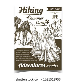 Hiking Summer Camp Sport Adventures Poster Vector. Burning Firewood And Rocky Cliffs On Hiking Advertising Creative Banner. Warming Camping Campsite Light Hand Drawn Monochrome Illustration