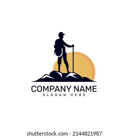 Hiking, Sun and mountain logo vector illustration design 