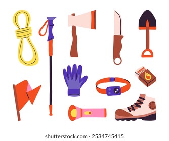 Hiking and Survival Gear for Adventures. A collection of essential hiking and survival tools for outdoor activities, including axes, knives, gloves, boots, and more for mountain exploration