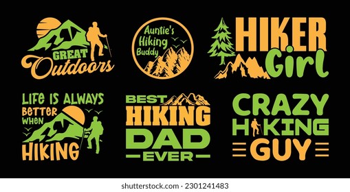 Design-Paket für Hip-T-Shirts, Design für VektorHiking-T-Shirt, Camping-Shirt, Wandern, Camping, Outdoor, Typografie T-Shirt-Design Kollektion
